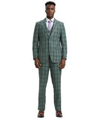 Stacy Adams Hybrid - Fit Vested Suit, Windowpane Green - Bundle Bus