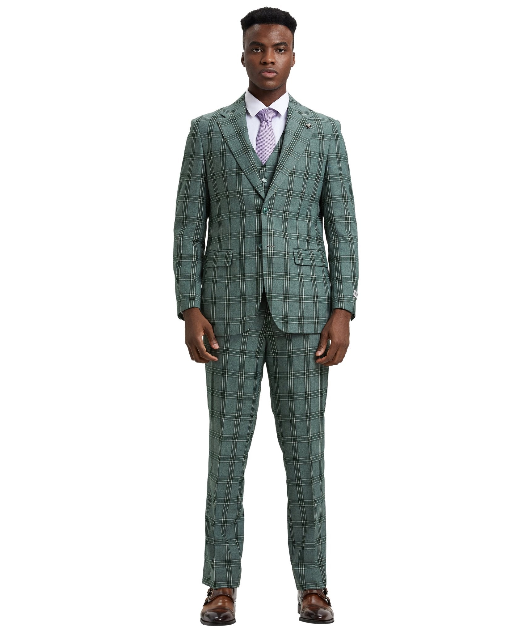 Stacy Adams Hybrid - Fit Vested Suit, Windowpane Green - Bundle Bus