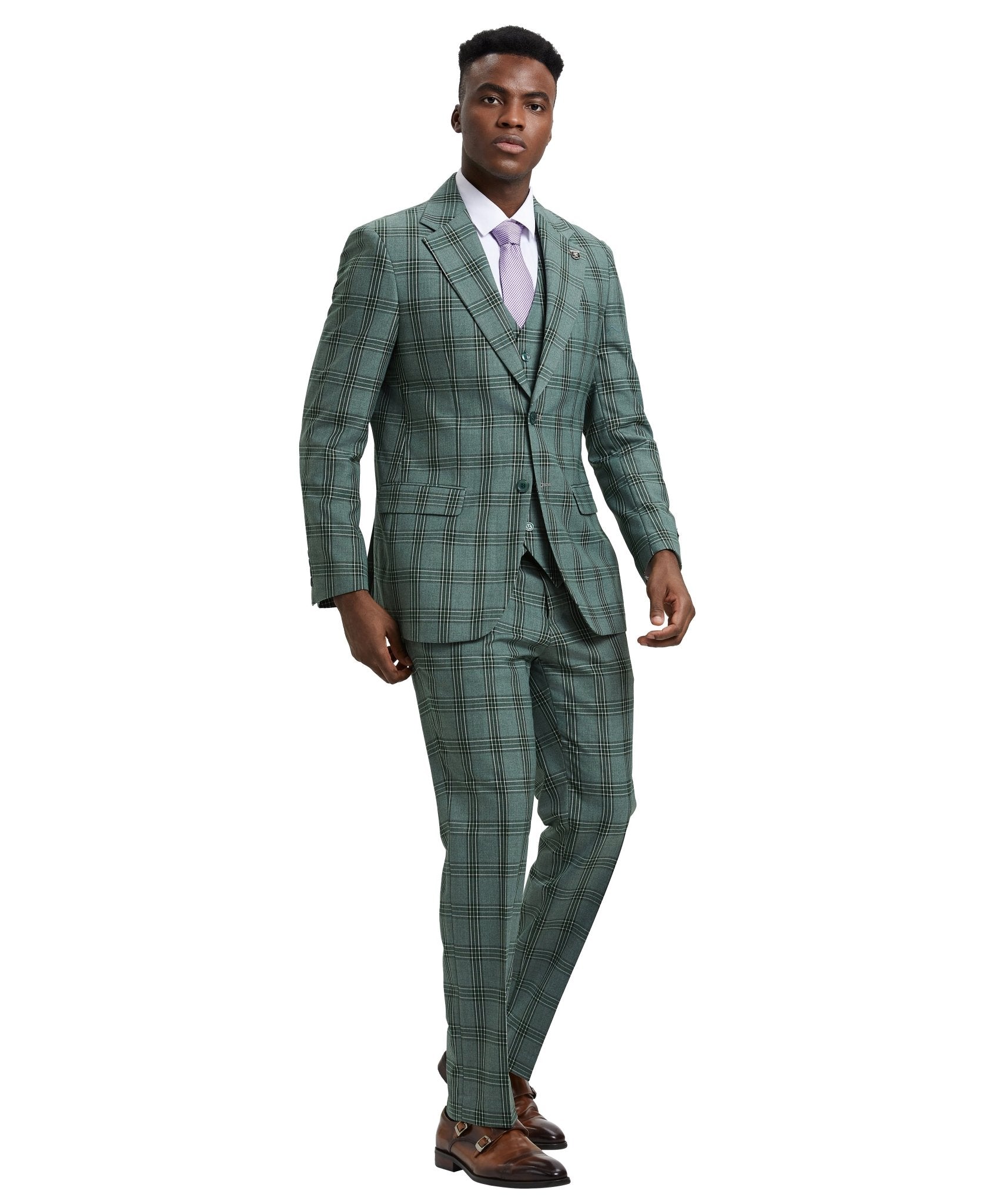 Stacy Adams Hybrid - Fit Vested Suit, Windowpane Green - Bundle Bus