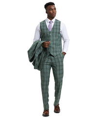 Stacy Adams Hybrid - Fit Vested Suit, Windowpane Green - Bundle Bus