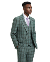 Stacy Adams Hybrid - Fit Vested Suit, Windowpane Green - Bundle Bus