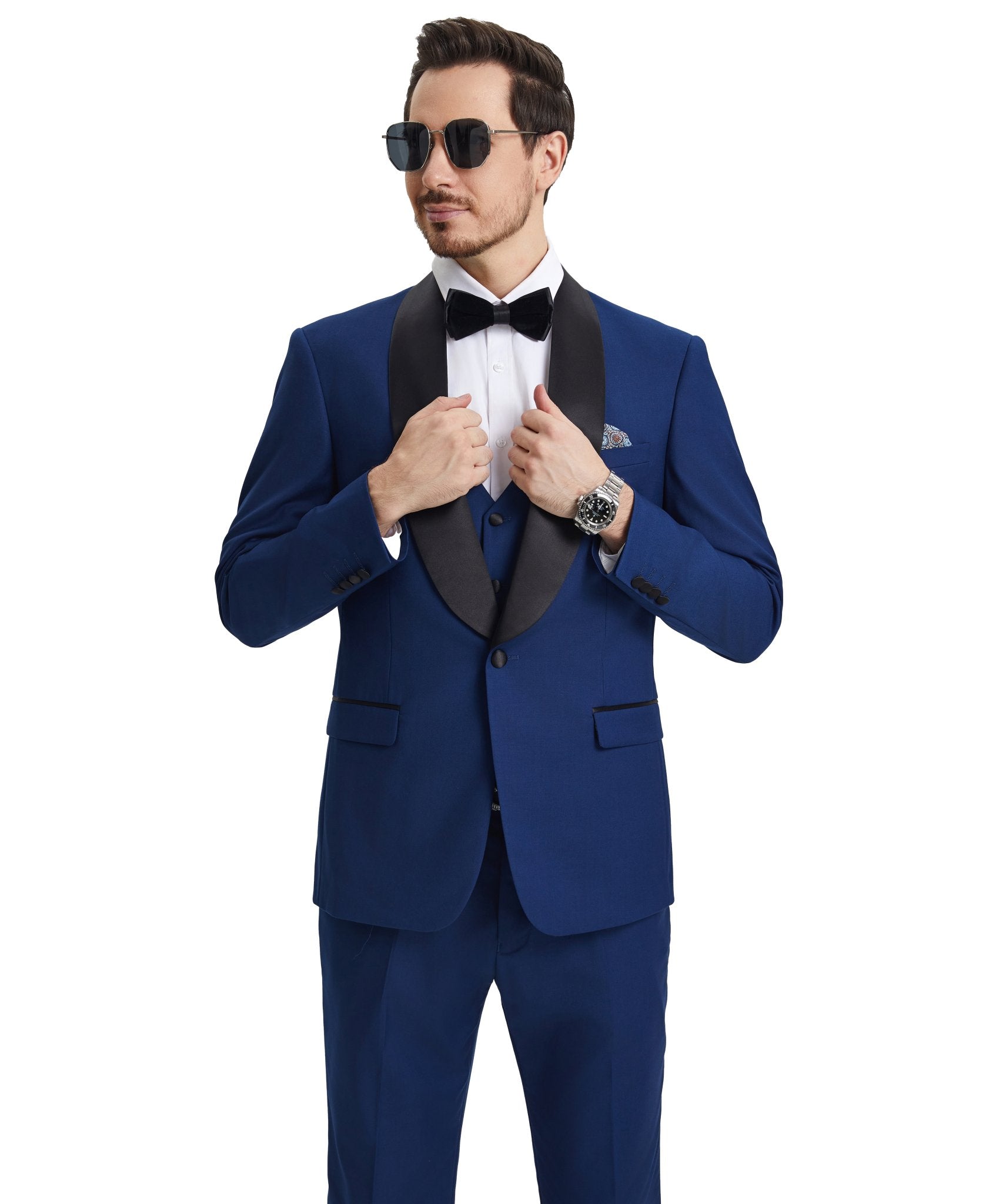 Stacy Adams Hybrid - Fit Vested Tuxedo, Solid Blue - Bundle Bus