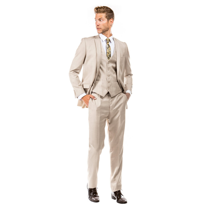 Tan Men's Slim - Fit 3 - Piece Sharkskin Suit - Bundle Bus