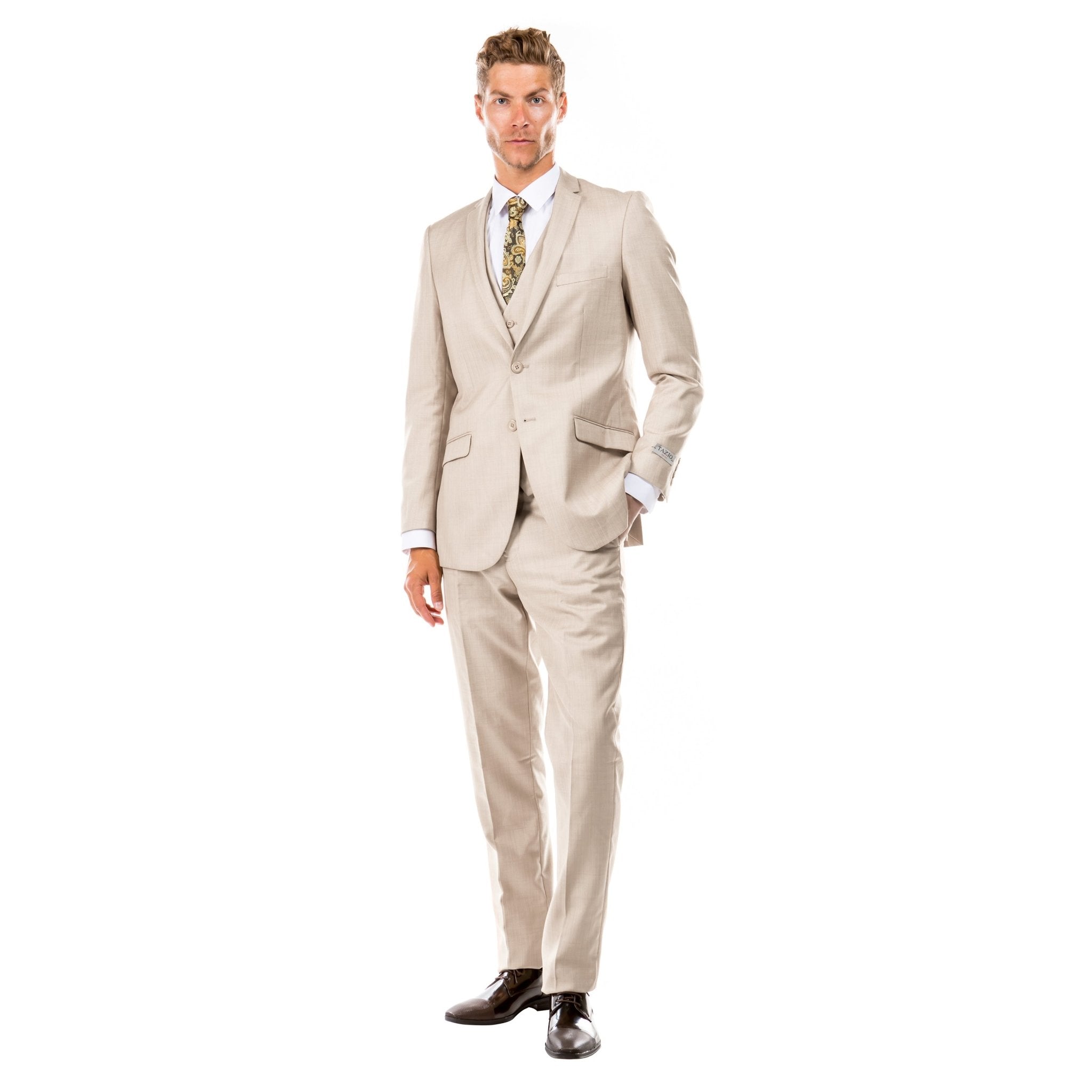 Tan Men's Slim - Fit 3 - Piece Sharkskin Suit - Bundle Bus