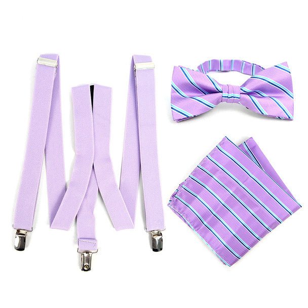 3pc Men's Lavender Clip-on Suspenders, Striped Bow Tie & Hanky Sets - FYBTHSU-LAV#2 - Bundle Bus