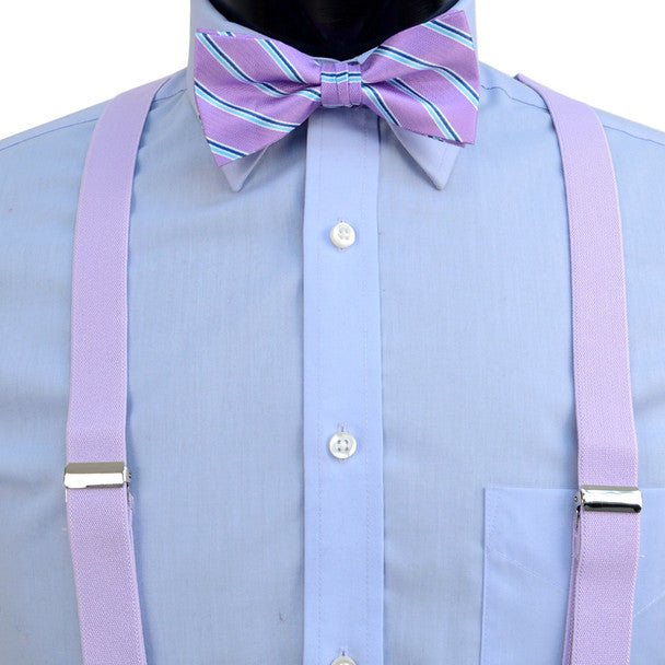 3pc Men's Lavender Clip-on Suspenders, Striped Bow Tie & Hanky Sets - FYBTHSU-LAV#2 - Bundle Bus