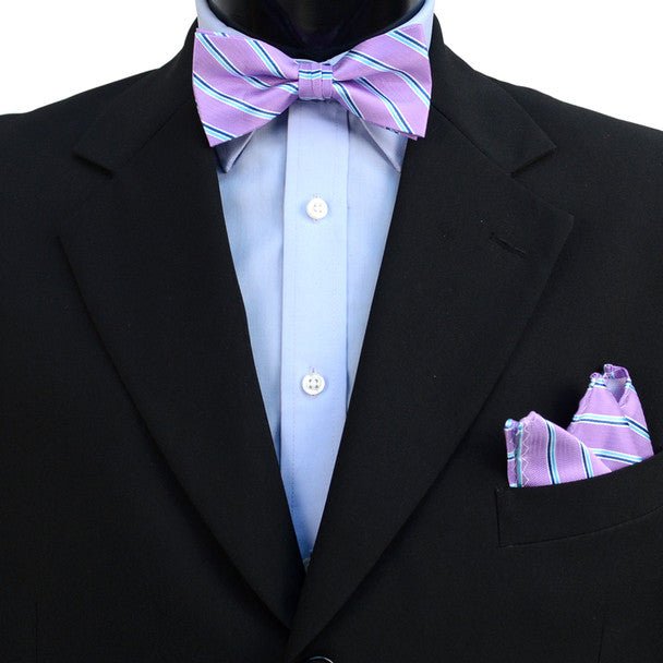 3pc Men's Lavender Clip-on Suspenders, Striped Bow Tie & Hanky Sets - FYBTHSU-LAV#2 - Bundle Bus