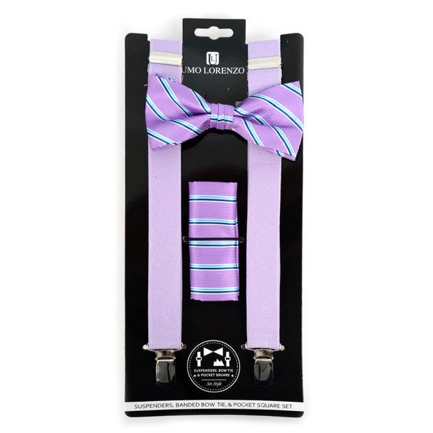 3pc Men's Lavender Clip-on Suspenders, Striped Bow Tie & Hanky Sets - FYBTHSU-LAV#2 - Bundle Bus