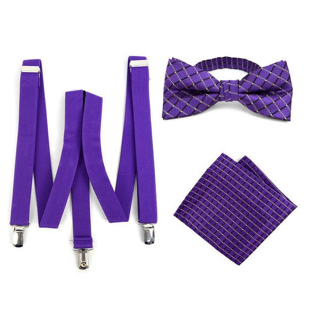 3pc Men's Purple Clip-on Suspenders, Plaid Bow Tie & Hanky Sets - FYBTHSU-PUR#1 - Bundle Bus