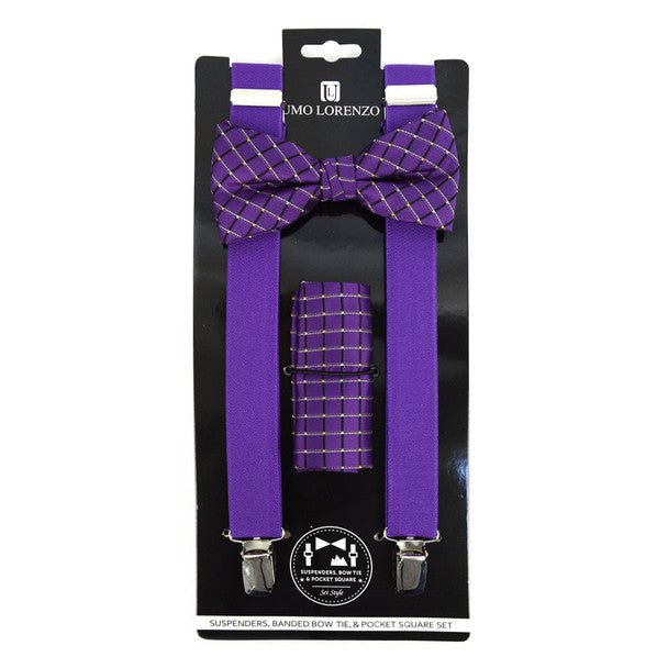 3pc Men's Purple Clip-on Suspenders, Plaid Bow Tie & Hanky Sets - FYBTHSU-PUR#1 - Bundle Bus