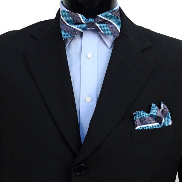 3pc Men's Turquoise Clip-on Suspenders, Striped Bow Tie & Hanky Sets - FYBTHSU-TURQ#1 - Bundle Bus