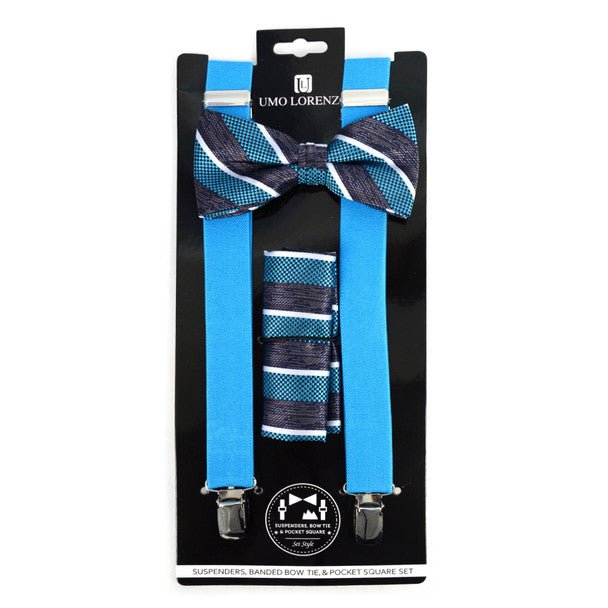 3pc Men's Turquoise Clip-on Suspenders, Striped Bow Tie & Hanky Sets - FYBTHSU-TURQ#1 - Bundle Bus