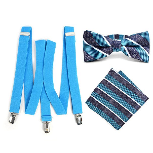 3pc Men's Turquoise Clip-on Suspenders, Striped Bow Tie & Hanky Sets - FYBTHSU-TURQ#1 - Bundle Bus