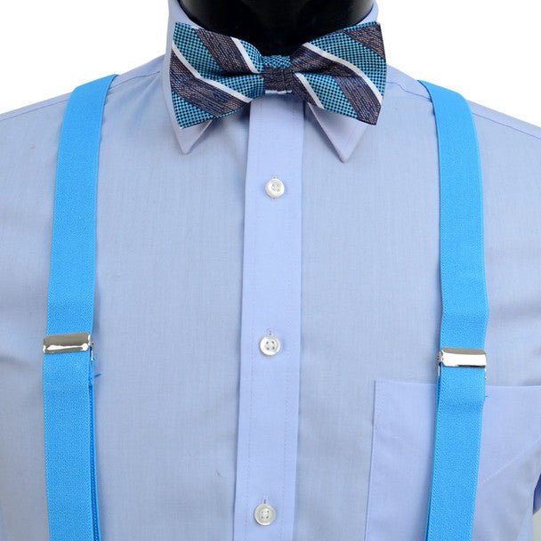 3pc Men's Turquoise Clip-on Suspenders, Striped Bow Tie & Hanky Sets - FYBTHSU-TURQ#1 - Bundle Bus