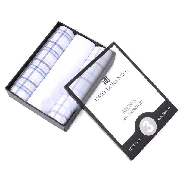 3pcs Men's Cotton Blue Plaid, White & Lavender Plaid Handkerchiefs-MFB1823 - Bundle Bus