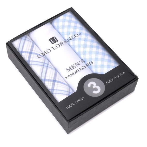 3pcs Men's Cotton Solid & Plaid Blue Handkerchiefs box - MFB1754 - Bundle Bus