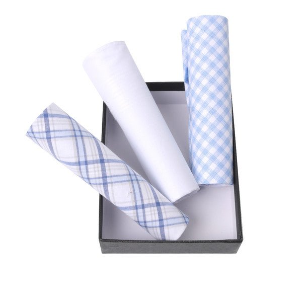 3pcs Men's Cotton Solid & Plaid Blue Handkerchiefs box - MFB1754 - Bundle Bus