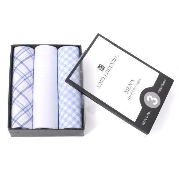 3pcs Men's Cotton Solid & Plaid Blue Handkerchiefs box - MFB1754 - Bundle Bus