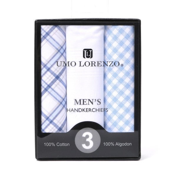 3pcs Men's Cotton Solid & Plaid Blue Handkerchiefs box - MFB1754 - Bundle Bus