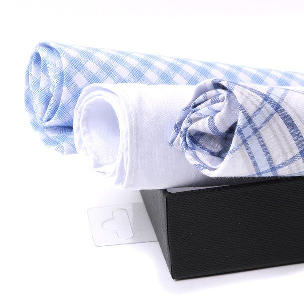 3pcs Men's Cotton Solid & Plaid Blue Handkerchiefs box - MFB1754 - Bundle Bus