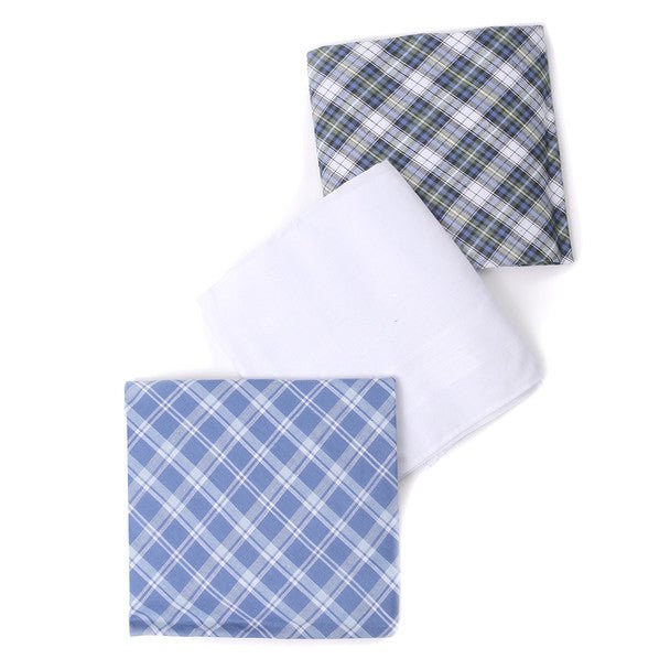 3pcs Men's Cotton Solid & Plaid Blue Handkerchiefs box- MFB1755 - Bundle Bus