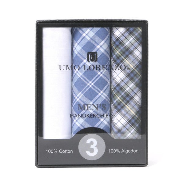 3pcs Men's Cotton Solid & Plaid Blue Handkerchiefs box- MFB1755 - Bundle Bus