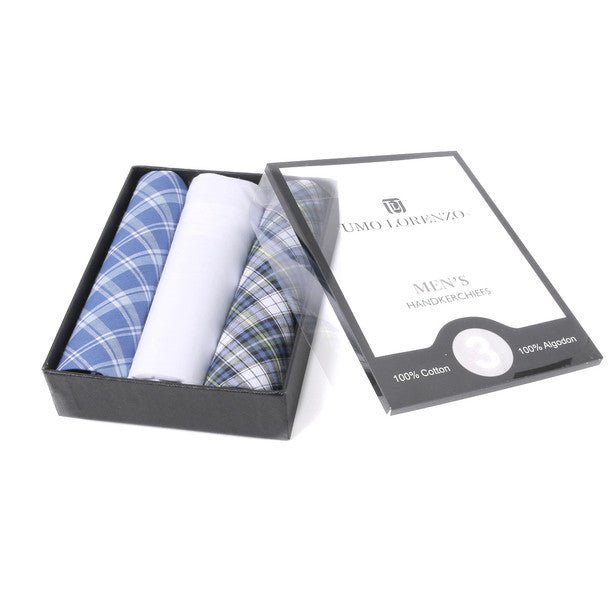 3pcs Men's Cotton Solid & Plaid Blue Handkerchiefs box- MFB1755 - Bundle Bus