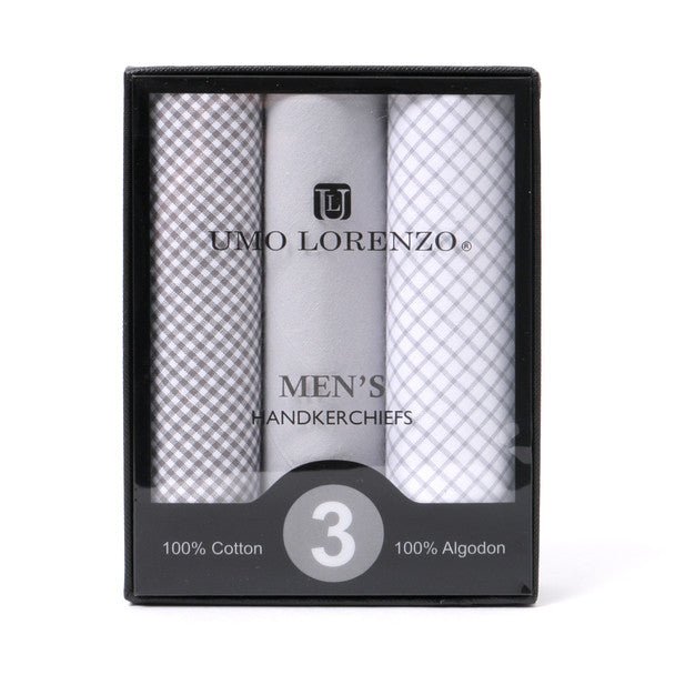 3pcs Men's Cotton Solid & Plaid Gray Handkerchiefs box - MFB1757 - Bundle Bus