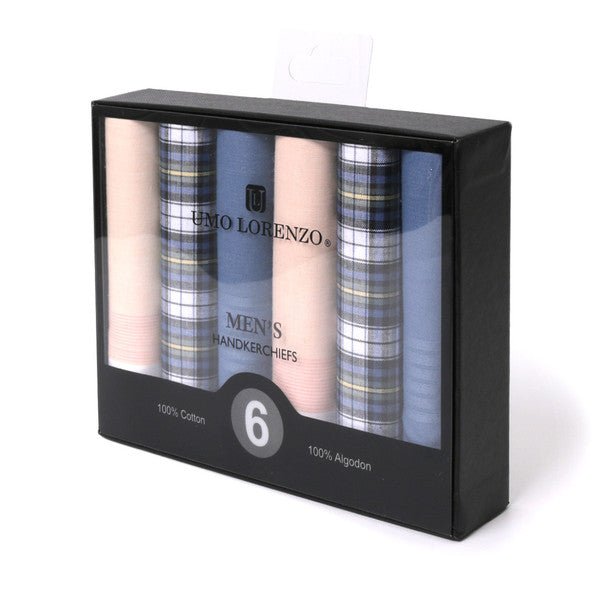 6pcs Men's Cotton peach, blue plaid & sky blue Handkerchiefs box-MFB1546 - Bundle Bus