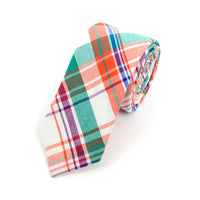 Men's Orange Green Plaid 2.25" Cotton Slim Tie - MPPW1718