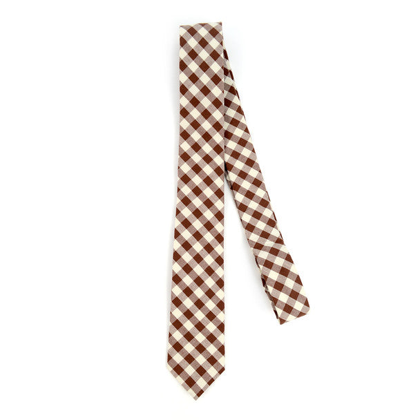 Men's Brown Beige Plaid 2.25" Cotton Slim Tie - MPPW1719