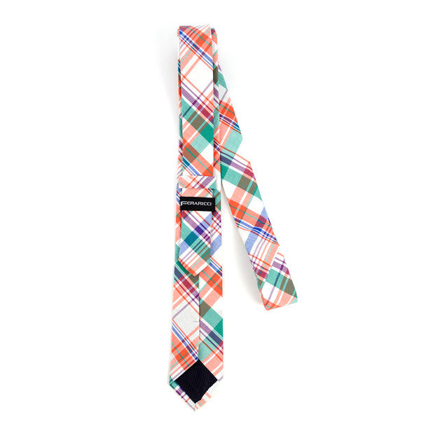 Men's Orange Green Plaid 2.25" Cotton Slim Tie - MPPW1718