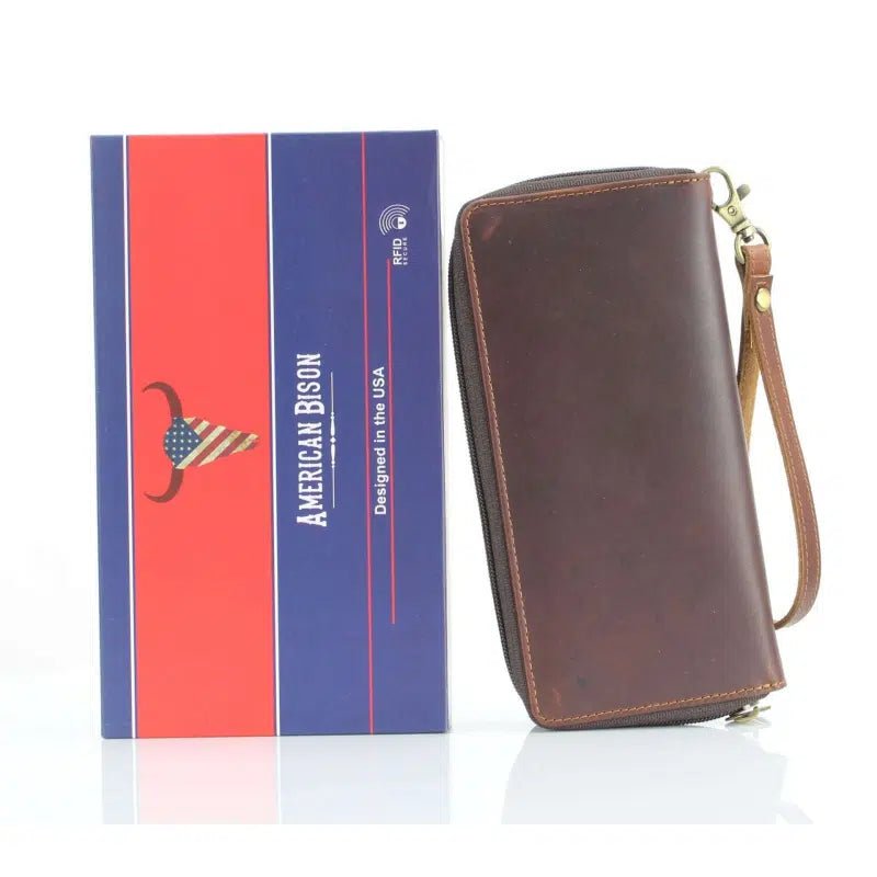 American Bison Flap Over Brown Leather Clutch 8024 - Bundle Bus