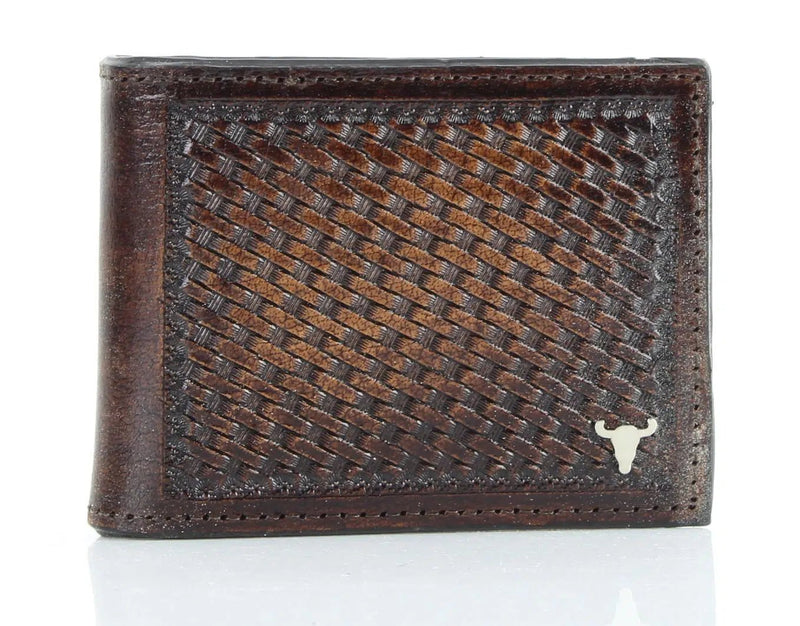 American Bison Tooled Leather Basket Weave Money Clip Wallet AB W020 - Bundle Bus