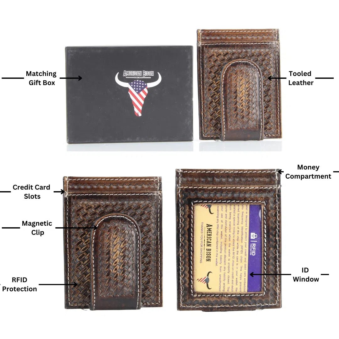 American Bison Tooled Leather Money Clip Card Case AB W022 - Bundle Bus