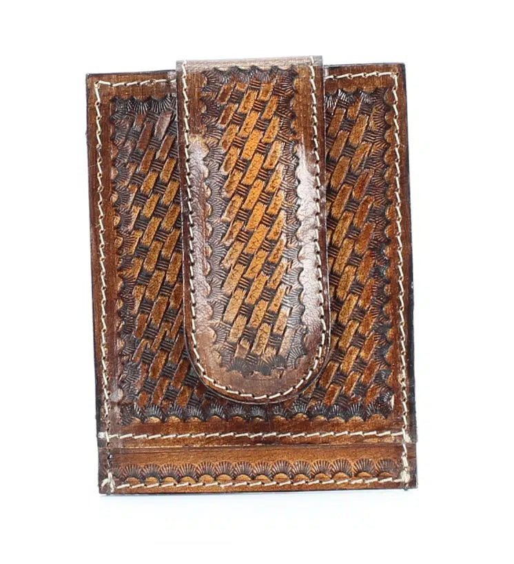 American Bison Tooled Leather Money Clip Card Case AB W022 - Bundle Bus