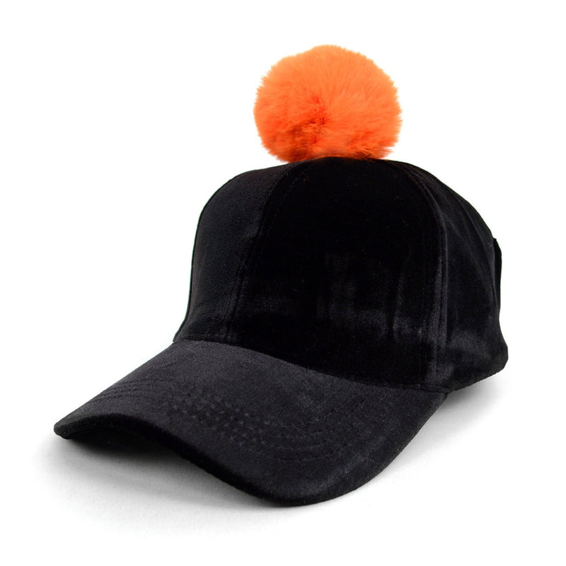 Black Velour Baseball Cap with Faux Fur Pom Pom - VLRC0822 - Bundle Bus