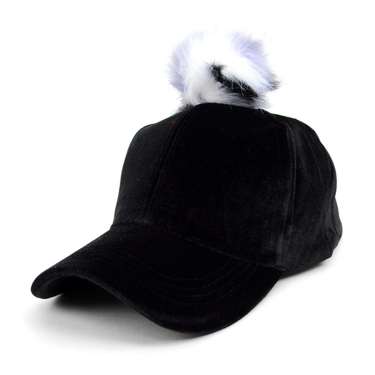 Black Velour Baseball Cap with Faux Fur Pom Pom - VLRC0822 - Bundle Bus