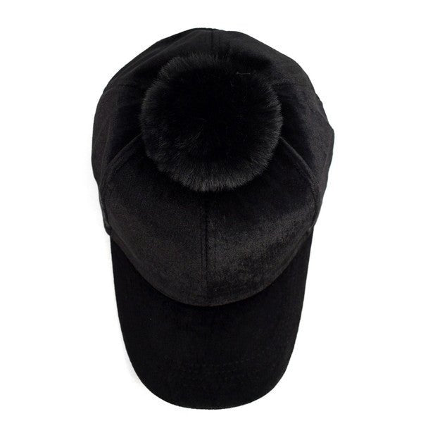 Black Velour Baseball Cap with Faux Fur Pom Pom - VLRC0822 - Bundle Bus