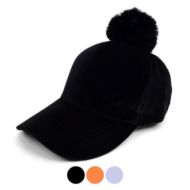 Black Velour Baseball Cap with Faux Fur Pom Pom - VLRC0822 - Bundle Bus