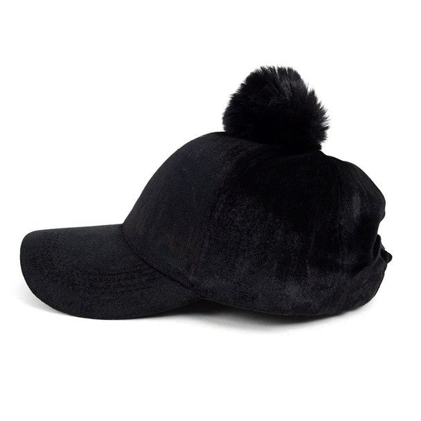 Black Velour Baseball Cap with Faux Fur Pom Pom - VLRC0822 - Bundle Bus