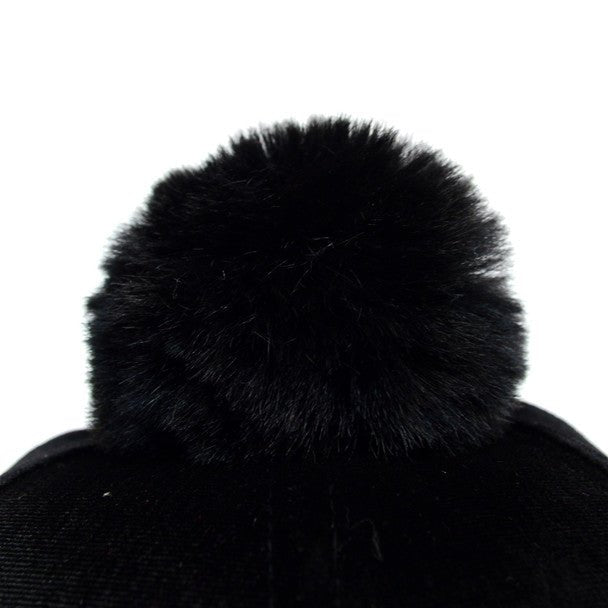 Black Velour Baseball Cap with Faux Fur Pom Pom - VLRC0822 - Bundle Bus