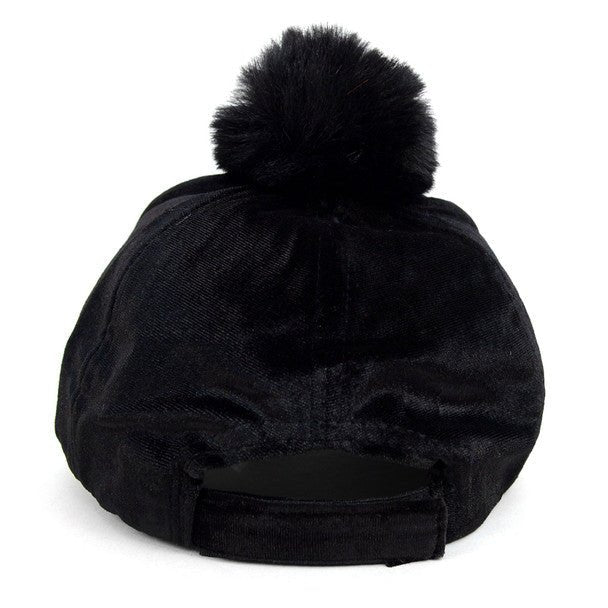 Black Velour Baseball Cap with Faux Fur Pom Pom - VLRC0822 - Bundle Bus