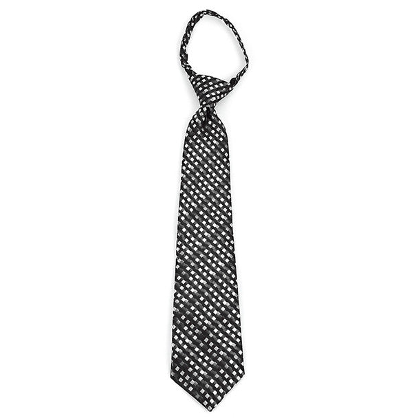 Boy's 14" Black & Grey Square Stripes Zipper Tie MPWZ14-03 - Bundle Bus