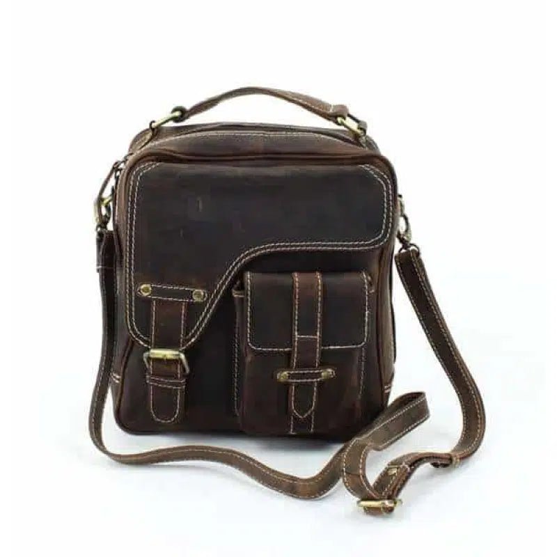 Distressed Brown Leather Double Stitch Crossbody Bag #1748 - Bundle Bus