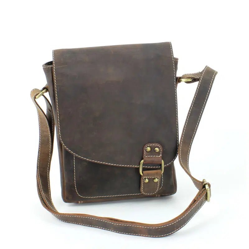 Distressed Brown Leather Flap Over Crossbody Bag AB 1746 - Bundle Bus