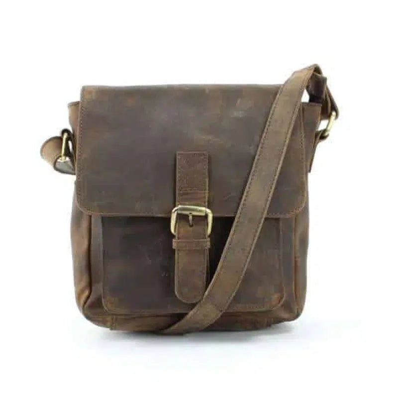 Distressed Brown Leather Flap Over Messenger Bag American Bison Product Code 1741 - Bundle Bus