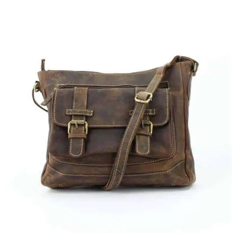 Distressed Brown Leather Front Buckle Pocket Crossbody bag #1742 - Bundle Bus