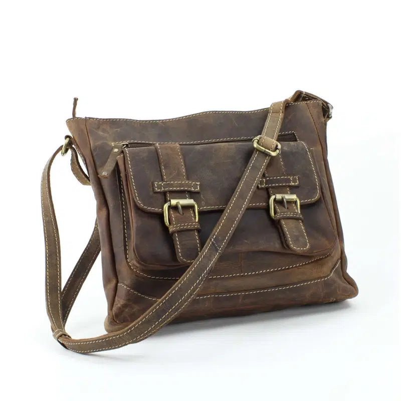 Distressed Brown Leather Front Buckle Pocket Crossbody bag #1742 - Bundle Bus