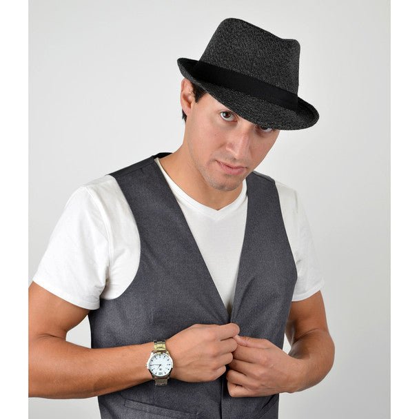 Fall/Winter Black Trilby Fedora Hat with Gray Dots & Black Band Trim - H1805260 - Bundle Bus